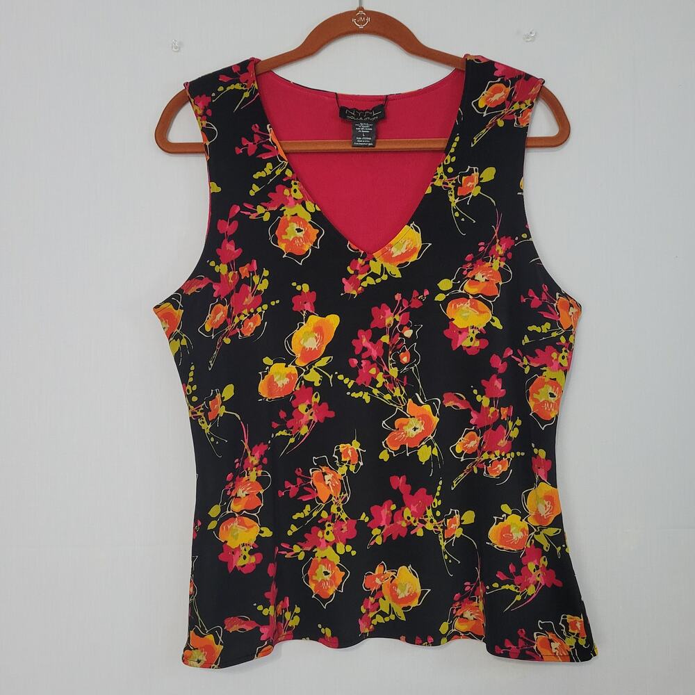 Vintage Sleeveless Floral to Solid Reversible V-neck Top sz L 90s Y2K Fairy USA